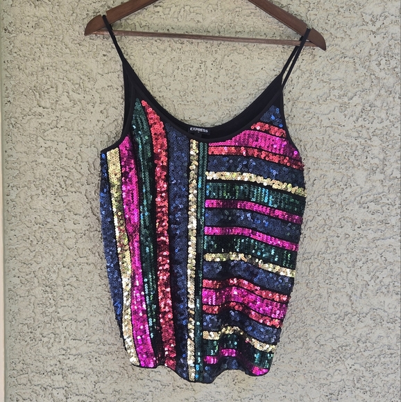 Express Tops - Express Multicolor Sequin Tank Top